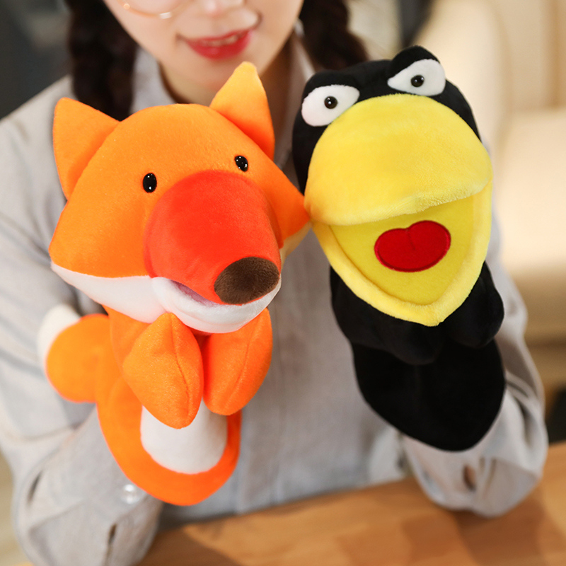 Kids Education Story - ตุ๊กตาผ้ารูปสุนัขจิ้งจอกและนกกา ขนาด 25 ซม. ของเล่นตุ๊กตาหุ่นมือสำหรับเด็ก ของเล่นการ์ตูนสวมบทบาทเล่านิทาน