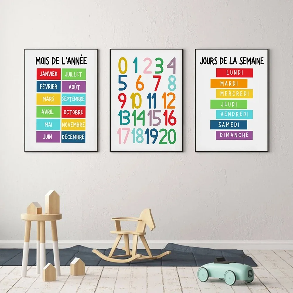 Kids Educational - Alphabet Numbers & More - โปสเตอร์ผนังห้องเรียน 1 ชิ้น ลายตัวอักษรและตัวเลขภาษาฝรั่งเศส สำหรับการศึกษาในห้องเรียนหรือที่บ้าน ตกแต่งผนังห้องเรียนสำหรับเด็ก