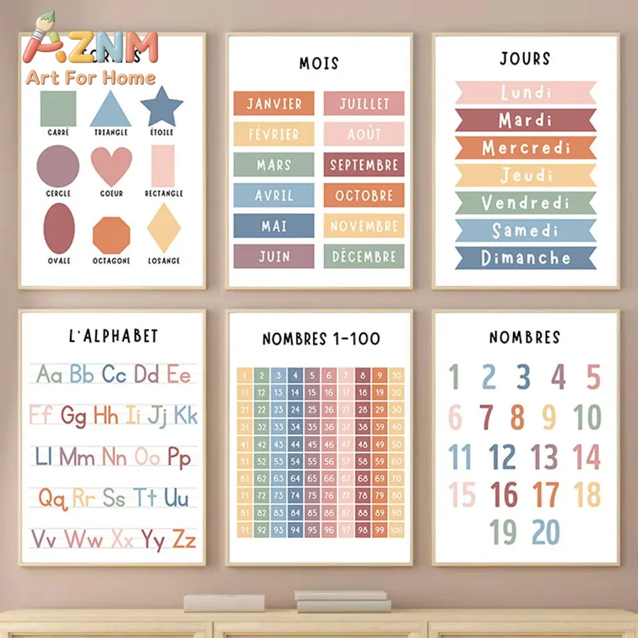 Kids Educational - Alphabet Numbers & More - ภาพวาดบนผ้าใบลายตัวอักษรภาษาอังกฤษ ฝรั่งเศส ตัวเลข รูปทรง ศิลปะการศึกษาสภาพอากาศ โปสเตอร์ตกแต่งผนังสไตล์นอร์ดิก