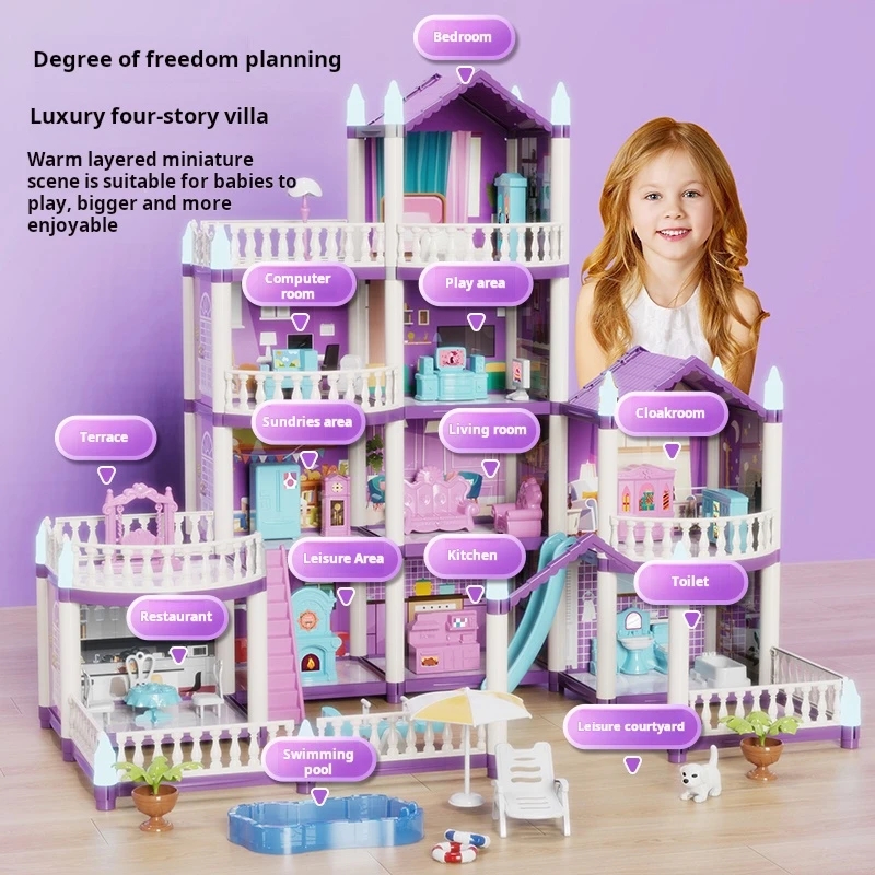 Kids Education Images - บ้านตุ๊กตา DIY ปราสาทสำหรับเด็กผู้หญิง ชุดของเล่นประกอบเสริมพัฒนาการ บ้านวิลล่าเรืองแสง ชุดบ้านจิ๋วพร้อมเฟอร์นิเจอร์