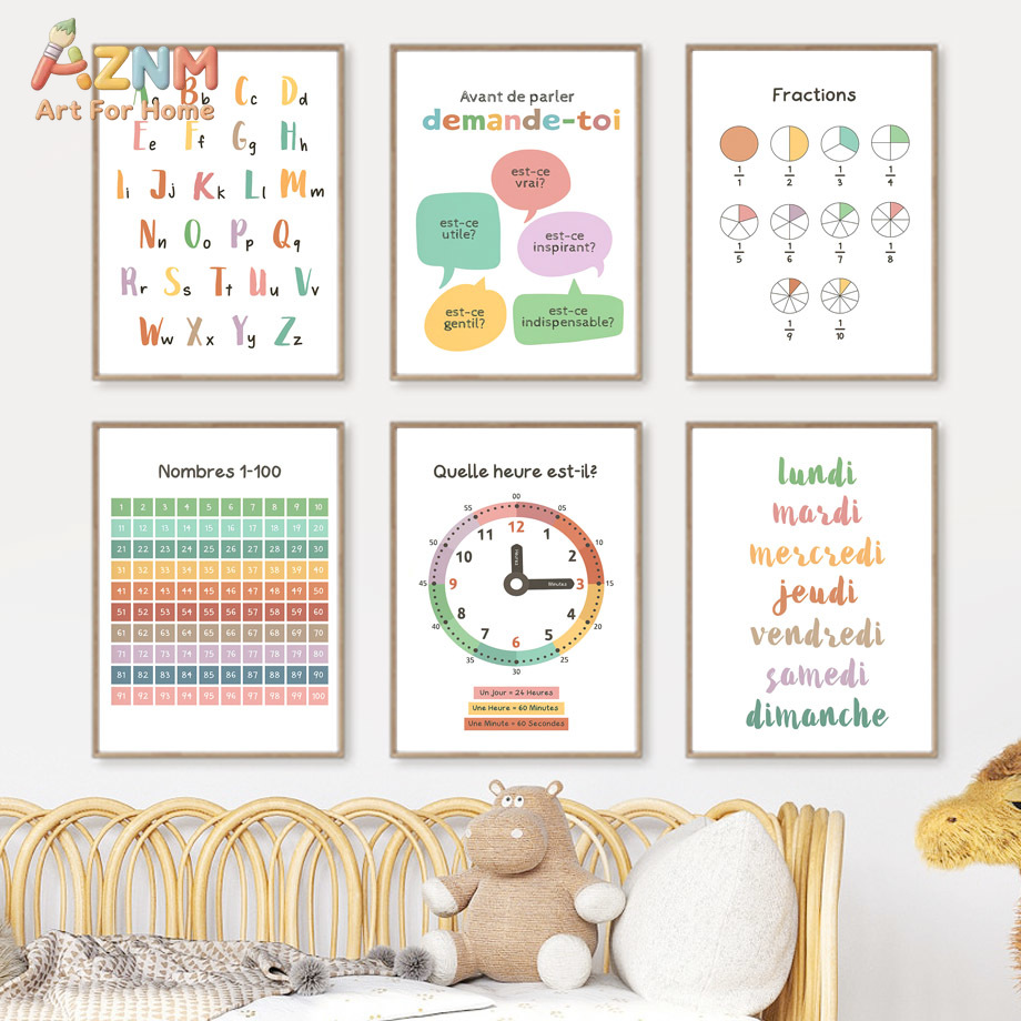 Kids Educational - Alphabet Numbers & More - AZNM ภาพวาดบนผ้าใบเพื่อการศึกษาสำหรับเด็กชาวฝรั่งเศส แสดงตัวอักษร ตัวเลข นาฬิกา ทศนิยม