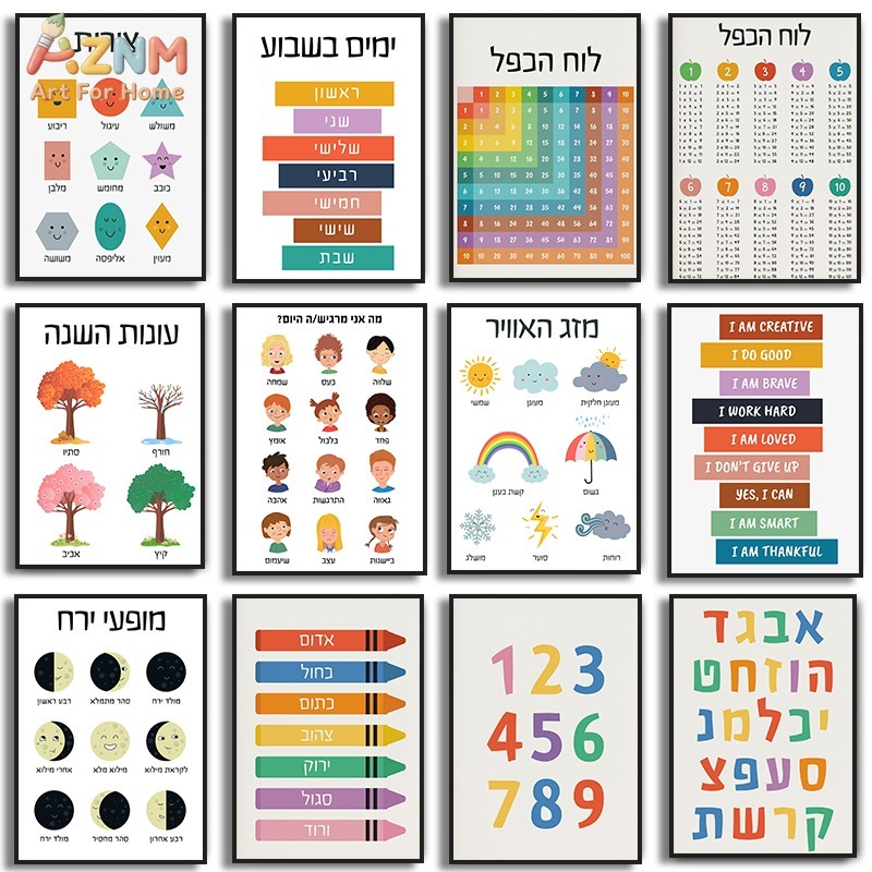 Kids Educational - Alphabet Numbers & More - AZNM ศิลปะบนผืนผ้าใบสำหรับเด็กเพื่อการศึกษาภาษาฮีบรู ตัวอักษร ตัวเลข รูปทรง ฤดูกาล