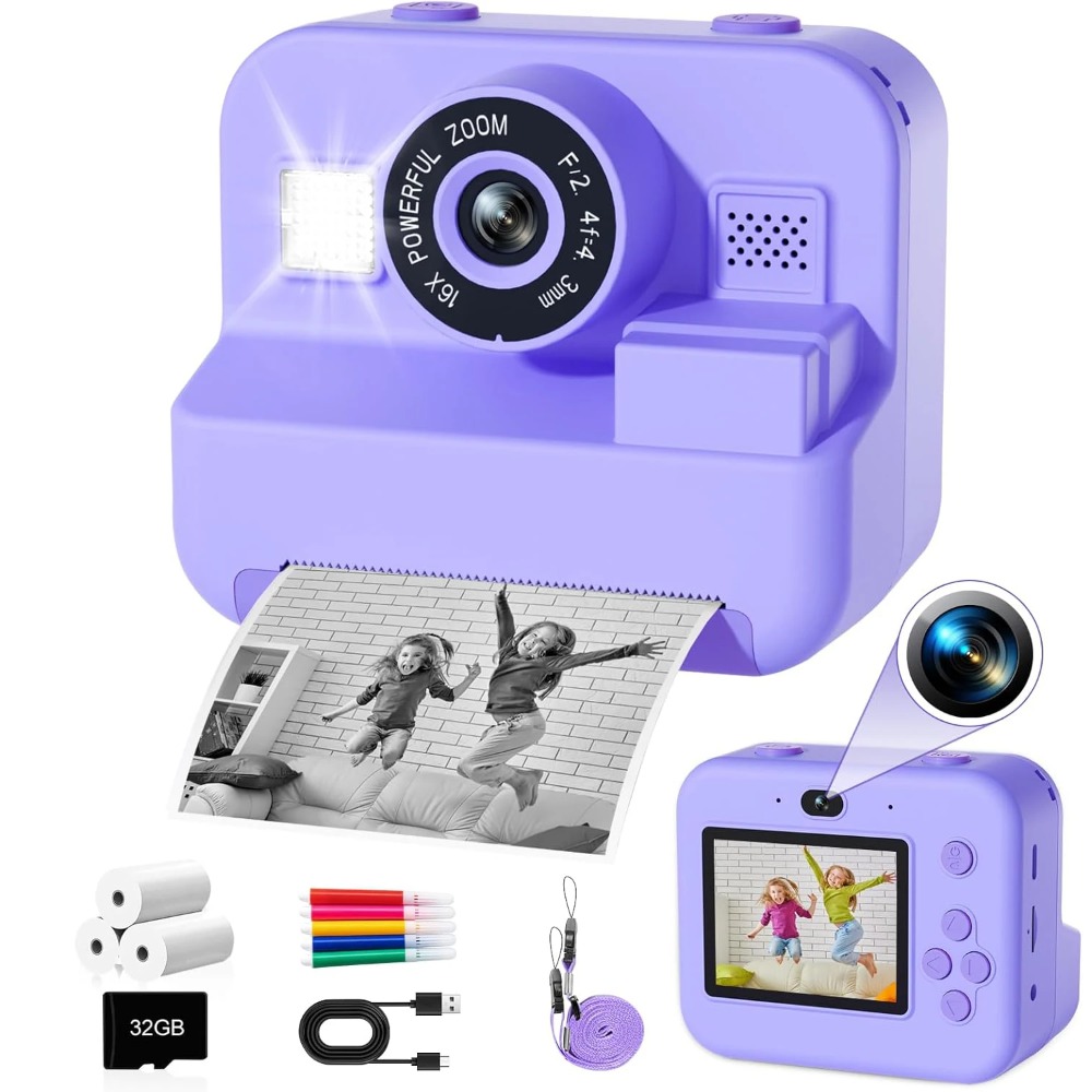 Kids Education Images - กล้องพิมพ์ความร้อนทันทีเพื่อการศึกษาพร้อมการ์ด 32G, กล้องวิดีโอดิจิตอลขนาดเล็กสําหรับเด็ก 1080P สําหรับการพัฒนาการเรียนรู้สําหรับเด็ก