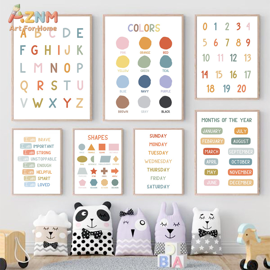 Kids Educational - Alphabet Numbers & More - AZNM ชุดภาพพิมพ์บนผ้าใบสำหรับเด็กเรียนรู้ ตัวอักษร สี ตัวเลข ของตกแต่งผนังห้องเด็ก