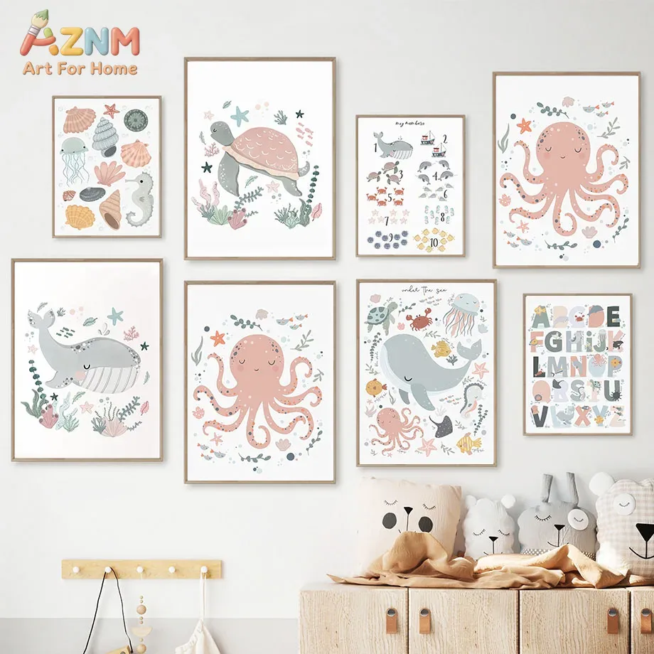 Kids Educational - Alphabet Numbers & More - AZNM ภาพพิมพ์สัตว์ทะเลบนผ้าใบสำหรับตกแต่งห้องเด็ก ลายปลาหมึก วาฬ เต่า พร้อมตัวอักษรและตัวเลข