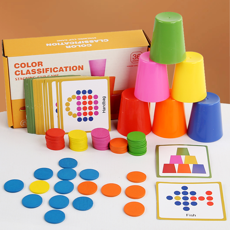 Kids Education Table - เกมถ้วยซ้อนสำหรับเด็ก สนุกกับการจัดเรียงสี ฝึกการคิดเชิงตรรกะ เกมจับคู่บนโต๊ะ ของเล่นเสริมพัฒนาการสำหรับเด็ก