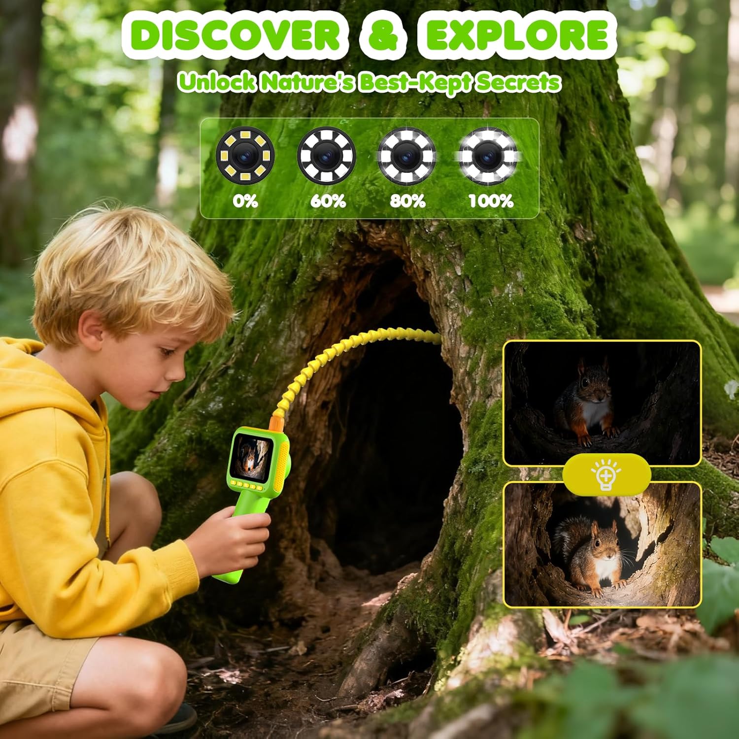 Kids Education Kit - กล้องเอนโดสโคปสำหรับเด็ก, กล้องส่องตรวจแบบงูพร้อมไฟ, ของเล่นวิทยาศาสตร์ STEM เพื่อการศึกษาสำหรับการสำรวจธรรมชาติและการตั้งแคมป์กลางแจ้ง