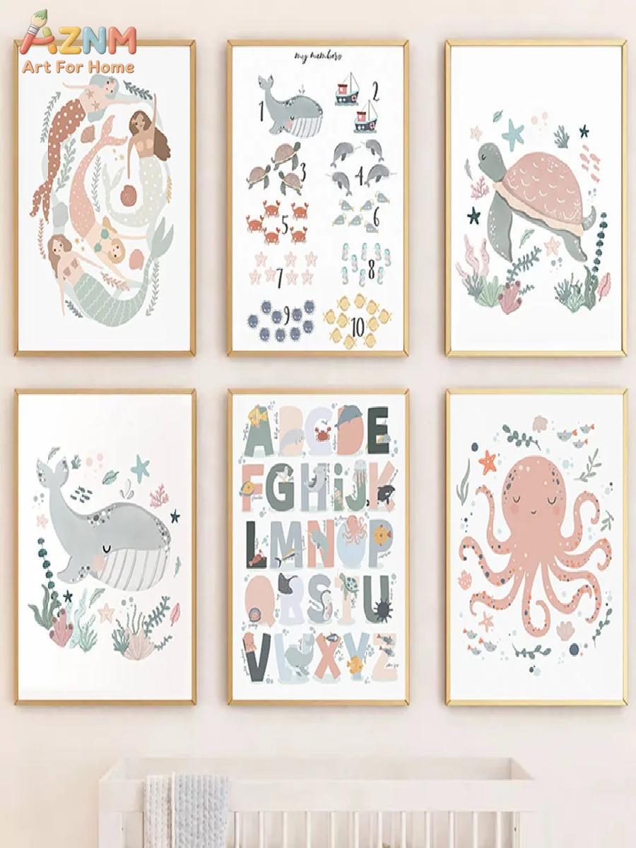AZNM ภาพพิมพ์สัตว์ทะเลบนผ้าใบส - Kids Educational - Alphabet Numbers & More บทวิจารณ์และราคา